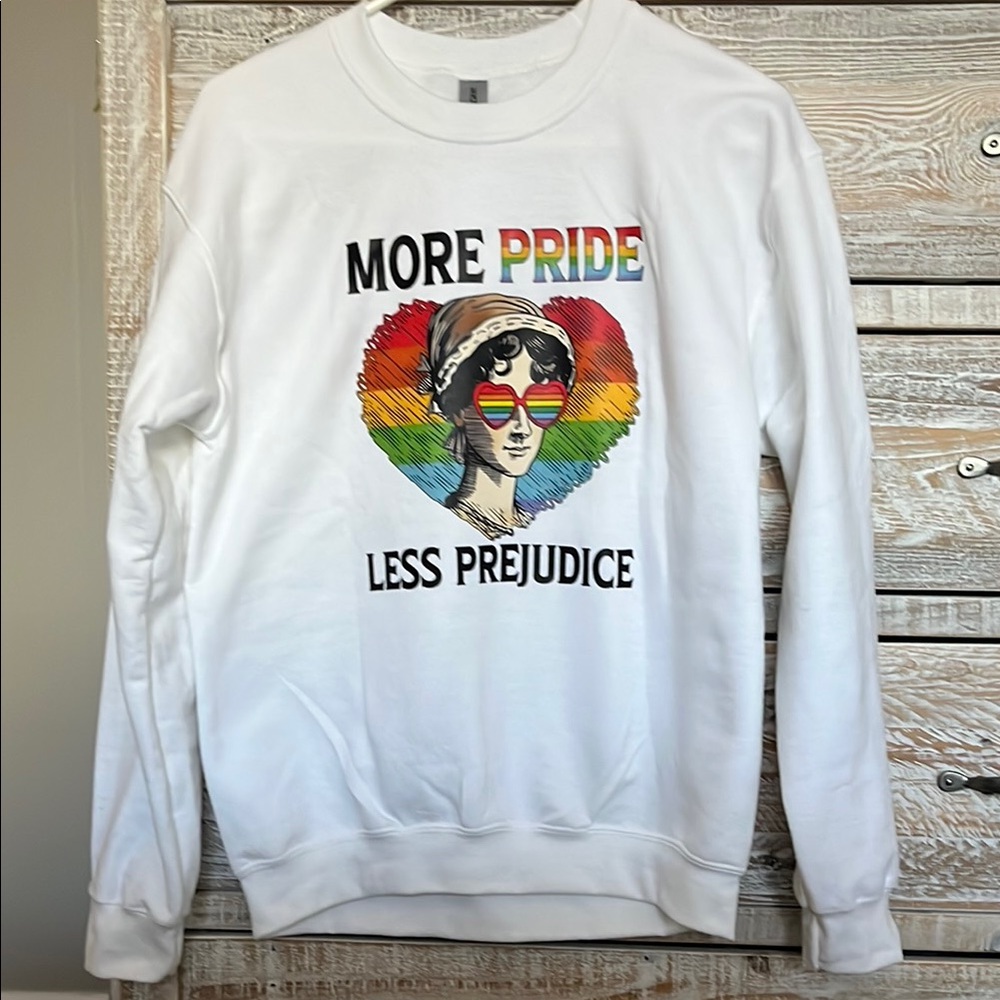 White Sweatshirt with Rainbow Graphic and Message